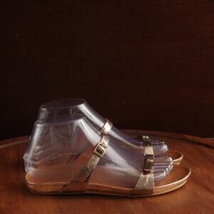 Either Or Sandals WMS SZ 7 Champagne Metallic Slide Leather Strappy Shoes Resort